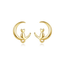 Design Moon Cat 14K Gold Plated 925 Silver Ear Stud Earring